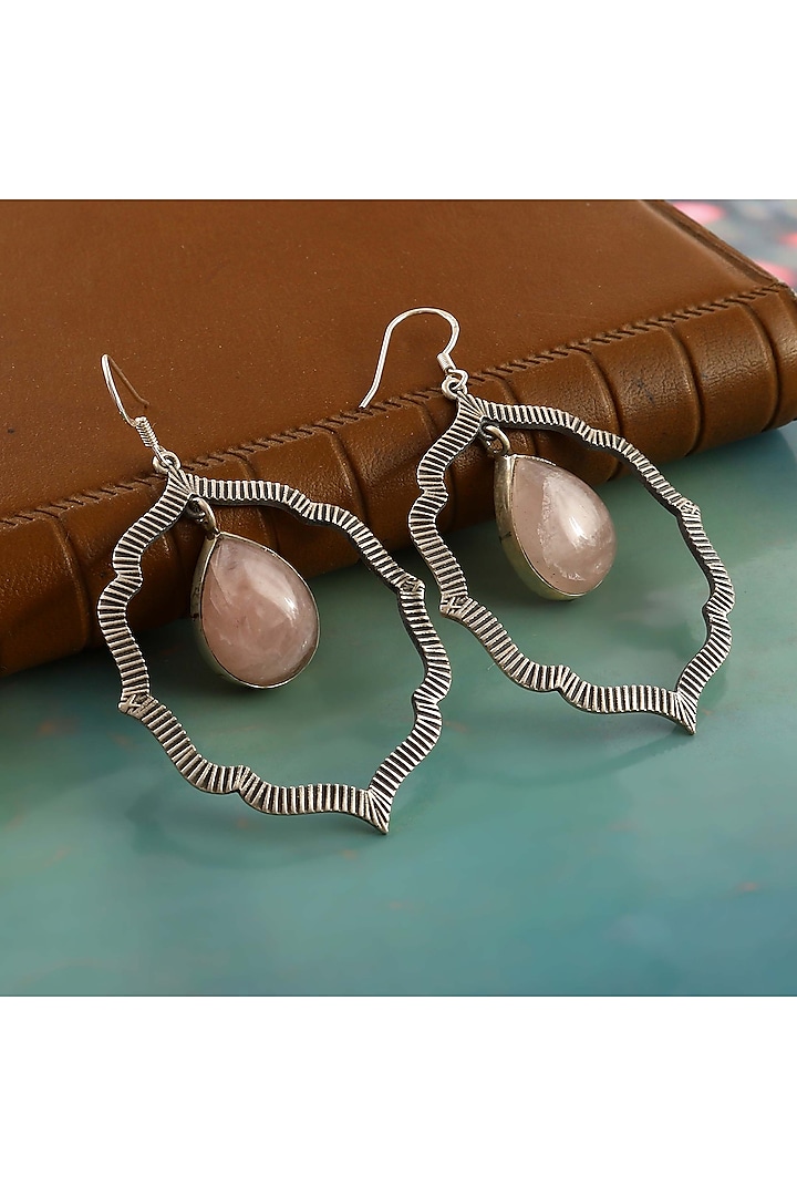 Silver Finish Pink Gemstone Floral Dangler Earrings In Sterling Silver by Palace Of Silver
