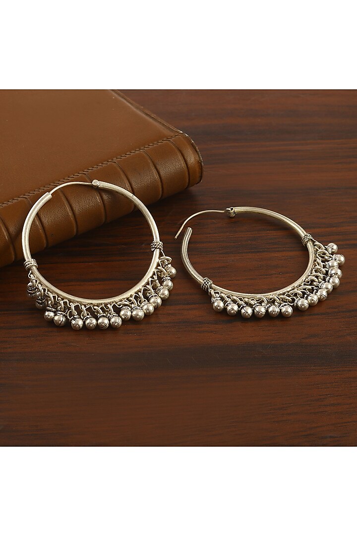 Silver Finish Ghungroo Hoop Earrings In Sterling Silver by Palace Of Silver