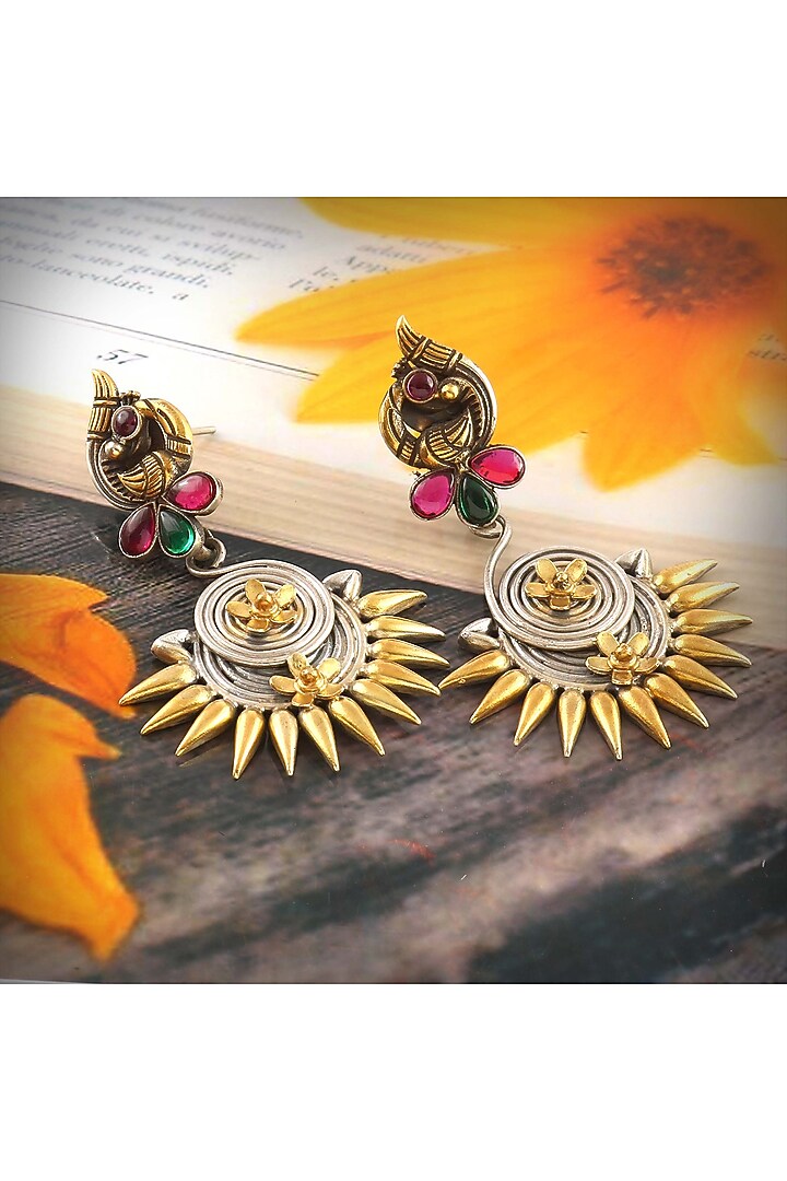 Two-Tone Finish Green & Pink Gemstone Floral Dangler Earrings In Sterling Silver by Palace Of Silver at Pernia's Pop Up Shop