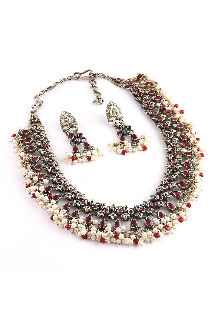 Silver Finish Red Stone & Pearl Necklace Set In Sterling Silver by Palace Of Silver