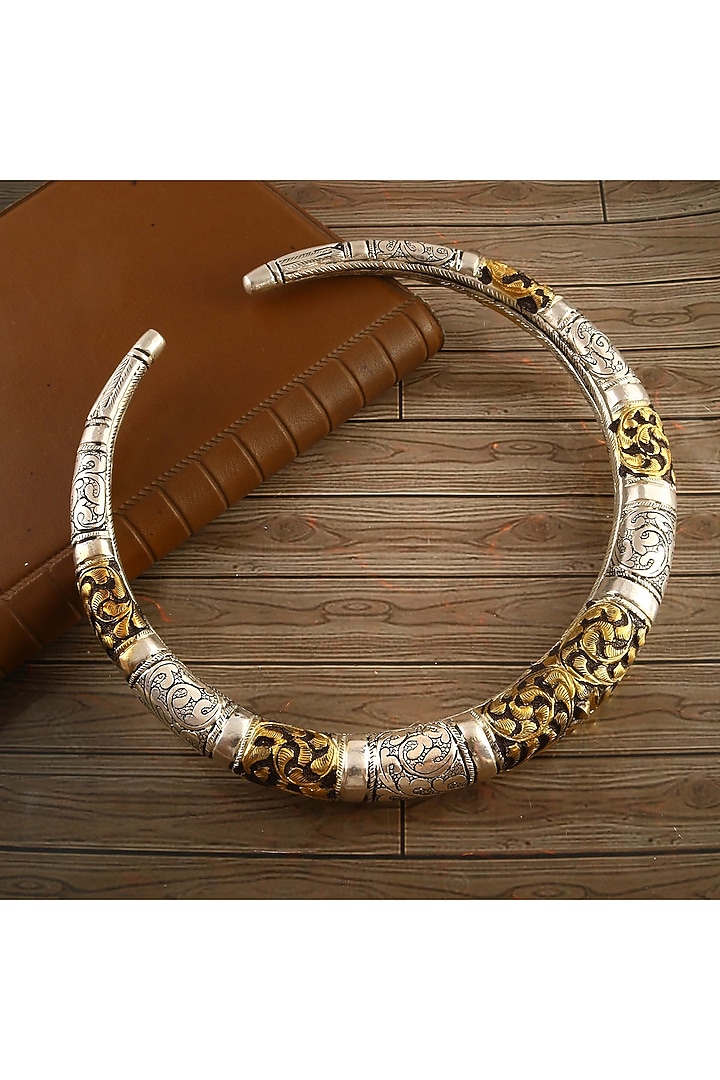 Two-Tone Finish Hand-Engraved Floral Necklace In Sterling Silver by Palace Of Silver at Pernia's Pop Up Shop