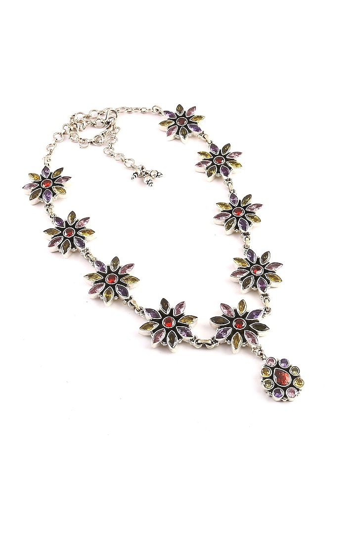 Silver Finish Multi-Colored Gemstone Floral Necklace In Sterling Silver by Palace Of Silver