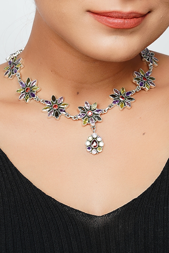 Silver Finish Multi-Colored Gemstone Floral Necklace In Sterling Silver by Palace Of Silver at Pernia's Pop Up Shop