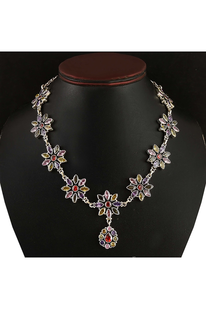 Silver Finish Multi-Colored Gemstone Floral Necklace In Sterling Silver by Palace Of Silver at Pernia's Pop Up Shop