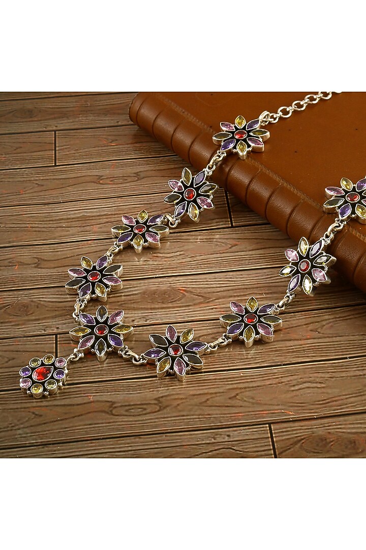 Silver Finish Multi-Colored Gemstone Floral Necklace In Sterling Silver by Palace Of Silver at Pernia's Pop Up Shop