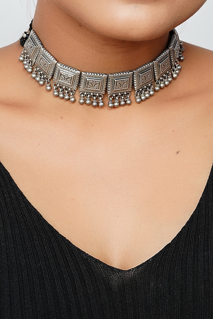 Silver Finish Ghungroo Necklace In Sterling Silver by Palace Of Silver at Pernia's Pop Up Shop