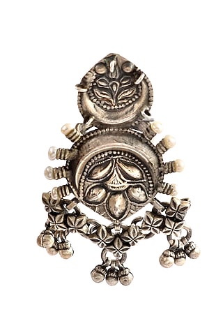 Silver Finish Ghungroo & Freshwater Pearl Ring In Sterling Silver by Palace Of Silver