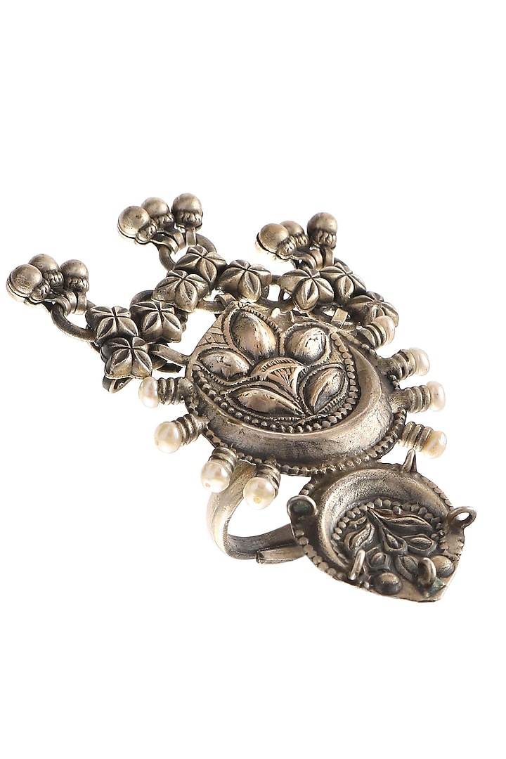 Silver Finish Ghungroo & Freshwater Pearl Ring In Sterling Silver by Palace Of Silver at Pernia's Pop Up Shop