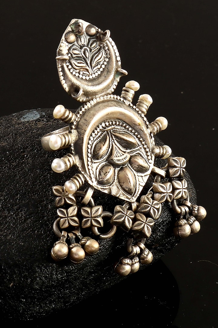Silver Finish Ghungroo & Freshwater Pearl Ring In Sterling Silver by Palace Of Silver at Pernia's Pop Up Shop
