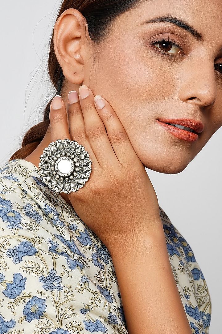 Silver Finish Mirror Floral Ring In Sterling Silver by Palace Of Silver at Pernia's Pop Up Shop