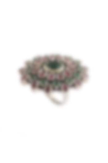 Silver Finish Green & Pink Gemstone Floral Ring In Sterling Silver by Palace Of Silver