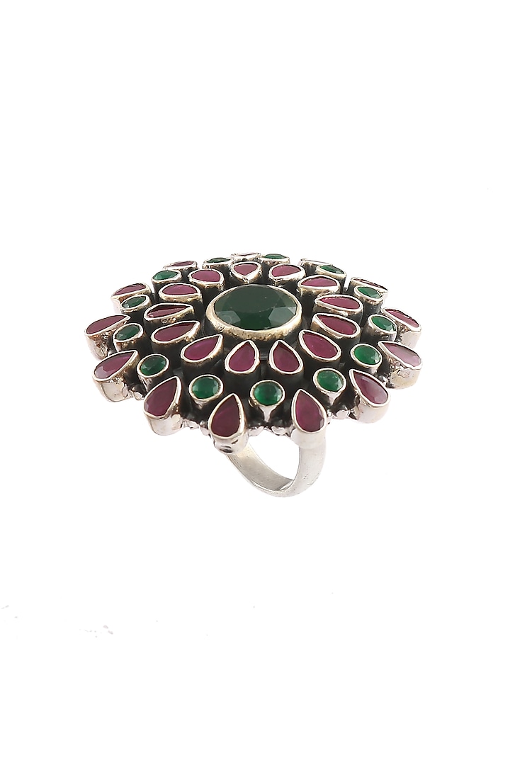 Silver Finish Green & Pink Gemstone Floral Ring In Sterling Silver by Palace Of Silver