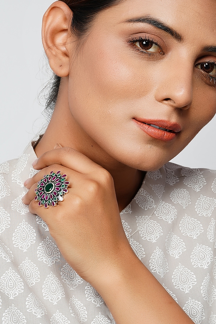 Silver Finish Green & Pink Gemstone Floral Ring In Sterling Silver by Palace Of Silver at Pernia's Pop Up Shop