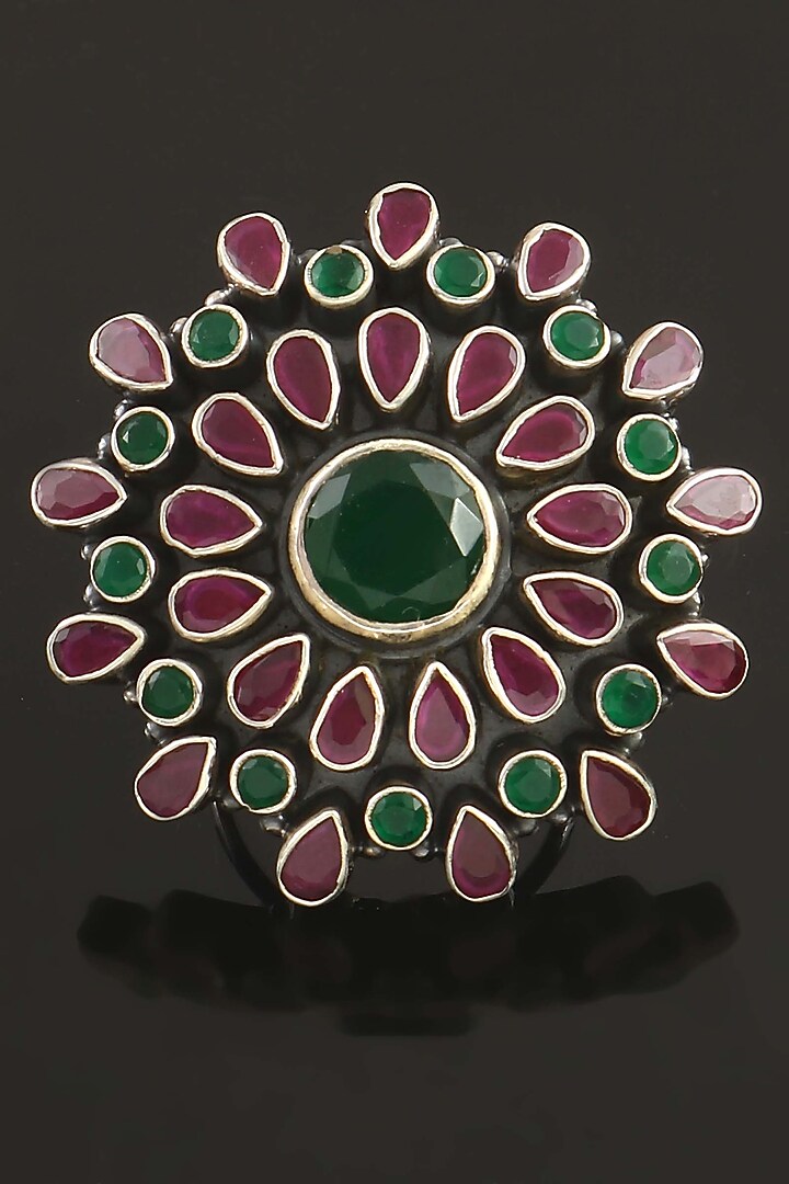 Silver Finish Green & Pink Gemstone Floral Ring In Sterling Silver by Palace Of Silver at Pernia's Pop Up Shop