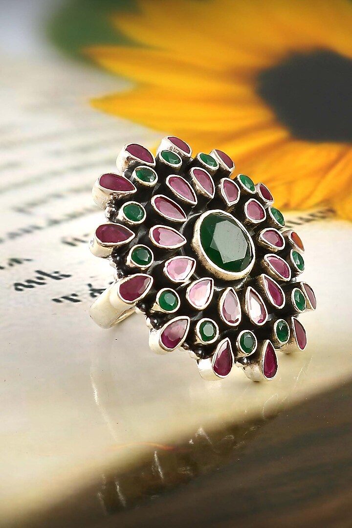 Silver Finish Green & Pink Gemstone Floral Ring In Sterling Silver by Palace Of Silver at Pernia's Pop Up Shop