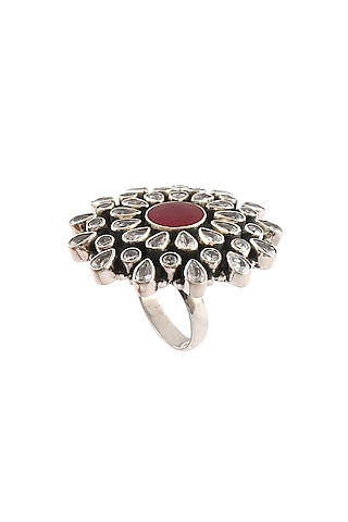 Silver Finish Zircon Floral Ring In Sterling Silver by Palace Of Silver
