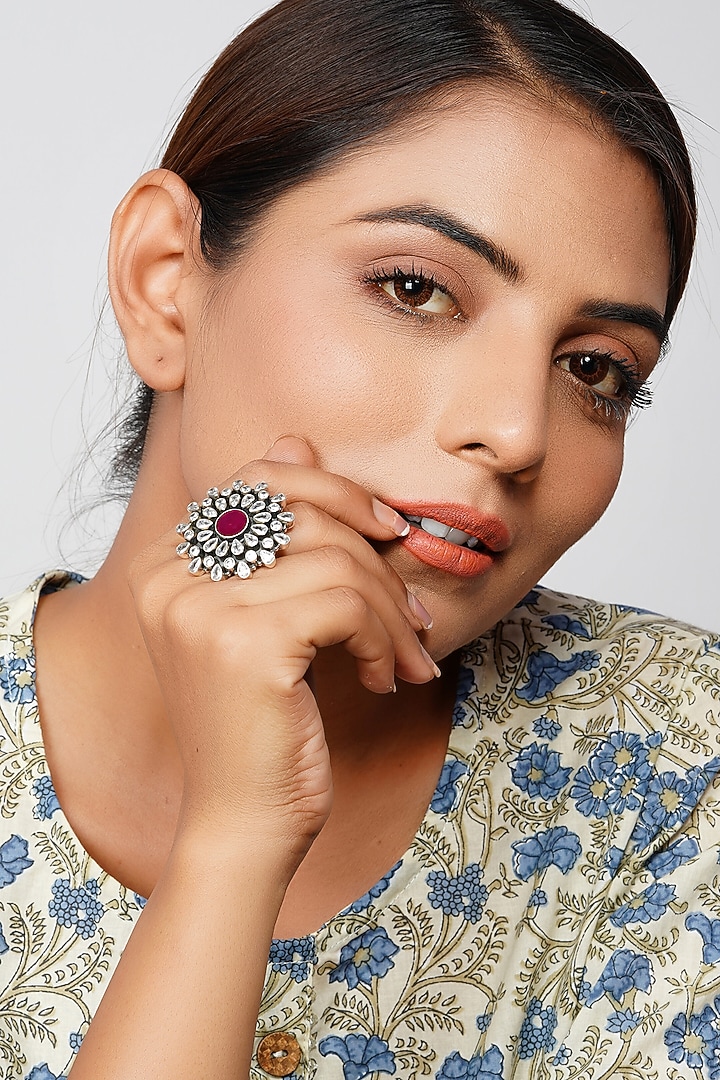 Silver Finish Zircon Floral Ring In Sterling Silver by Palace Of Silver at Pernia's Pop Up Shop