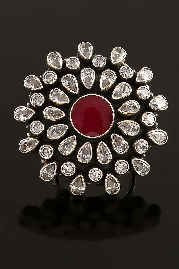 Silver Finish Zircon Floral Ring In Sterling Silver by Palace Of Silver at Pernia's Pop Up Shop