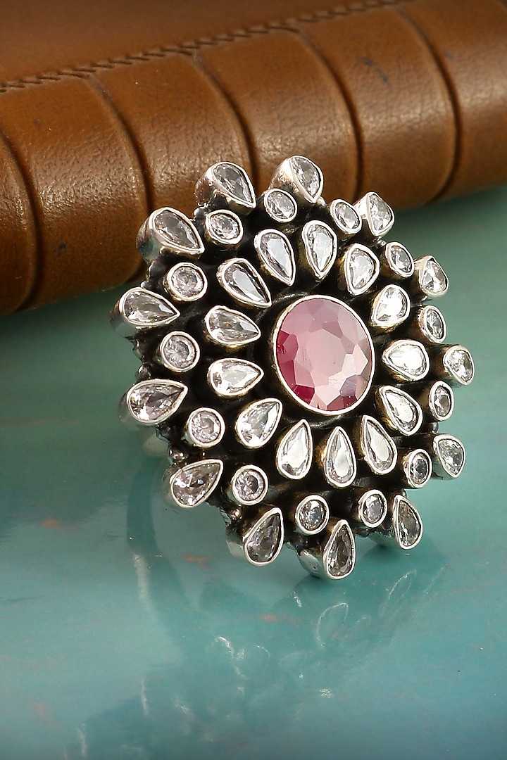 Silver Finish Zircon Floral Ring In Sterling Silver by Palace Of Silver at Pernia's Pop Up Shop