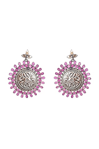 Silver Finish Checkered Ruby Gemstone Dangler Earrings In Sterling Silver by Palace Of Silver