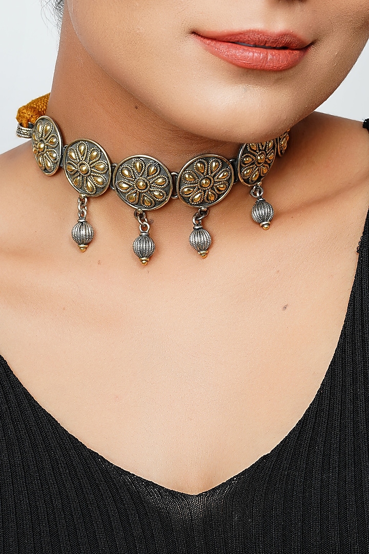 Two-Tone Finish Ghungroo Choker Necklace Set In Sterling Silver by Palace Of Silver at Pernia's Pop Up Shop