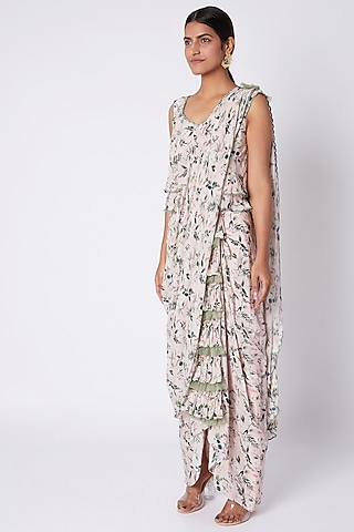 Blush Pink Printed Pre-Stitched Saree Set by Pooja Sampat