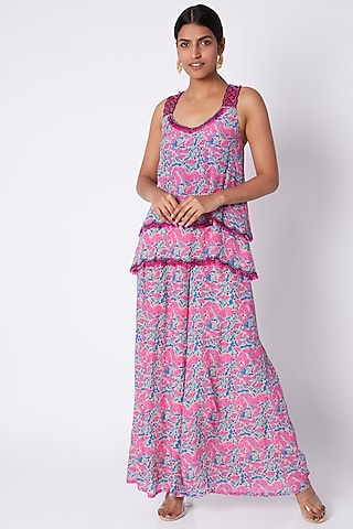 Multi Colored Embroidered & Printed Crop Top With Pants by Pooja Sampat