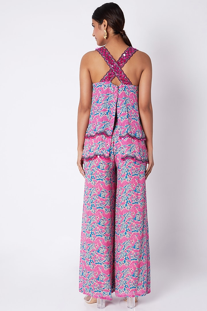 Multi Colored Embroidered & Printed Crop Top With Pants by Pooja Sampat at Pernia's Pop Up Shop
