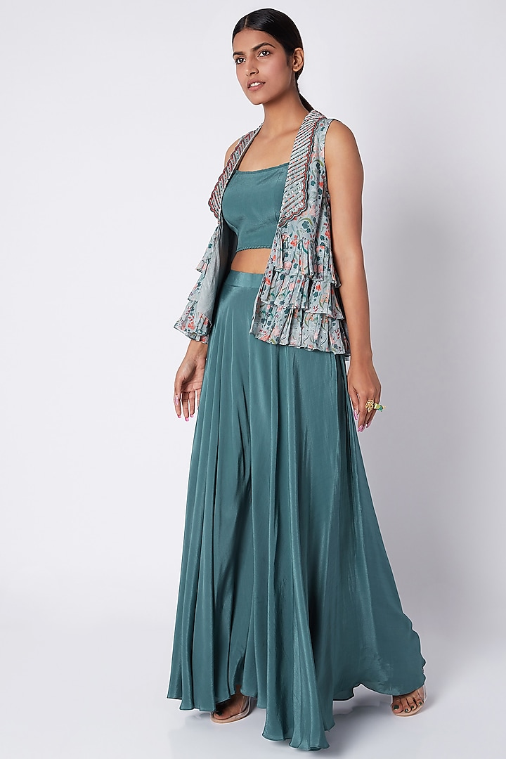 Green Embroidered Printed Bustier With Pants & Jacket by Pooja Sampat