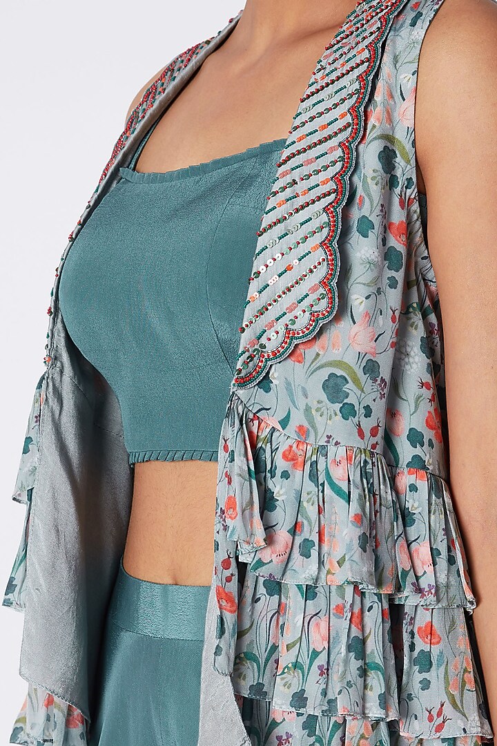 Green Embroidered Printed Bustier With Pants & Jacket by Pooja Sampat at Pernia's Pop Up Shop