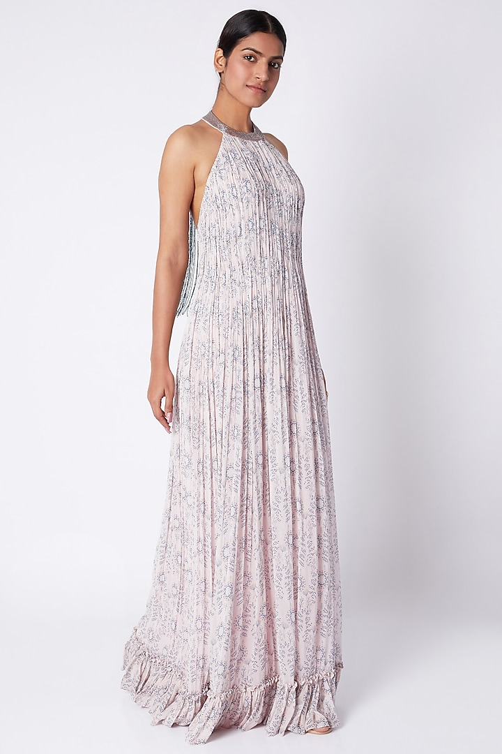 Pale Pink Embroidered & Printed Gown by Pooja Sampat at Pernia's Pop Up Shop