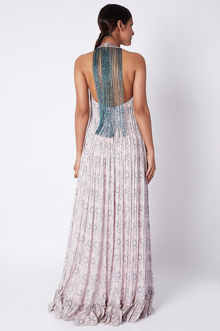 Pale Pink Embroidered & Printed Gown by Pooja Sampat at Pernia's Pop Up Shop