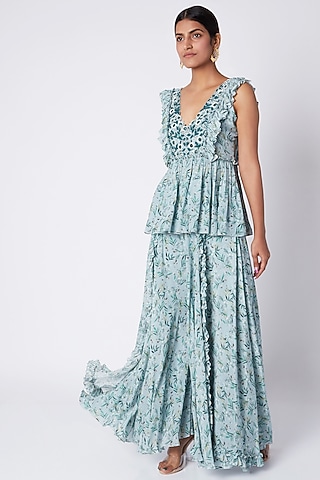 Pale Blue Embroidered & Printed Tunic With Palazzo Pants by Pooja Sampat