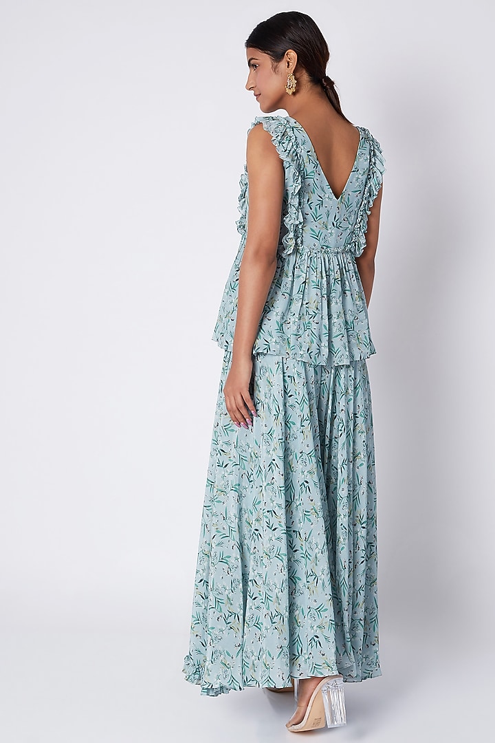 Pale Blue Embroidered & Printed Tunic With Palazzo Pants by Pooja Sampat at Pernia's Pop Up Shop