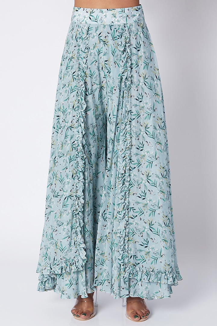 Pale Blue Embroidered & Printed Tunic With Palazzo Pants by Pooja Sampat at Pernia's Pop Up Shop