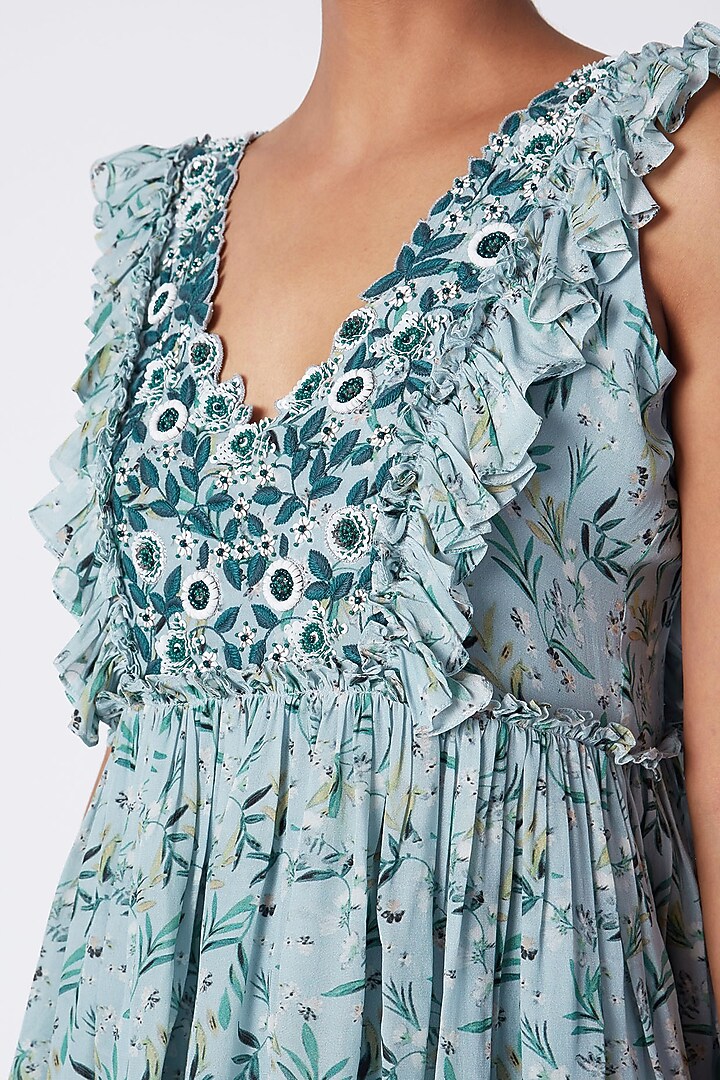 Pale Blue Embroidered & Printed Tunic With Palazzo Pants by Pooja Sampat at Pernia's Pop Up Shop