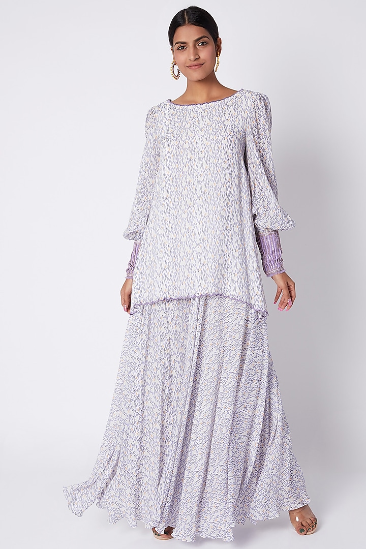 Ivory & Lavender Embroidered Printed Tunic With Flared Palazzo Pants by Pooja Sampat