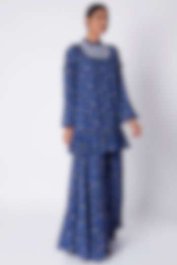 Navy Blue Embroidered & Printed Tunic With Flared Palazzo Pants by Pooja Sampat