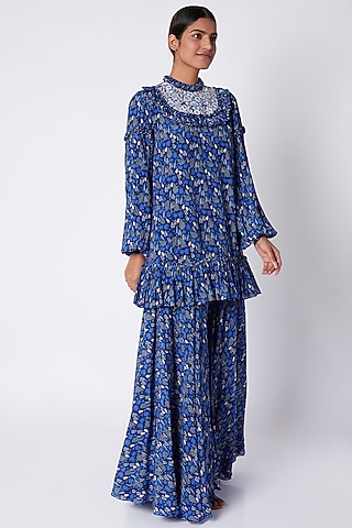 Navy Blue Embroidered & Printed Tunic With Flared Palazzo Pants by Pooja Sampat