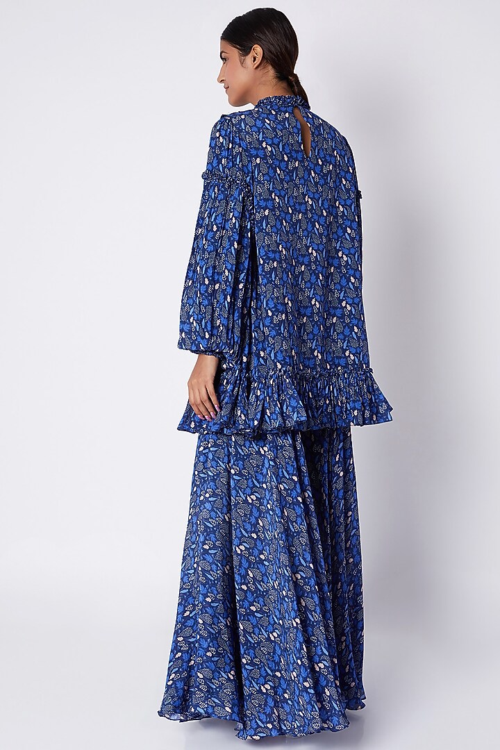 Navy Blue Embroidered & Printed Tunic With Flared Palazzo Pants by Pooja Sampat at Pernia's Pop Up Shop