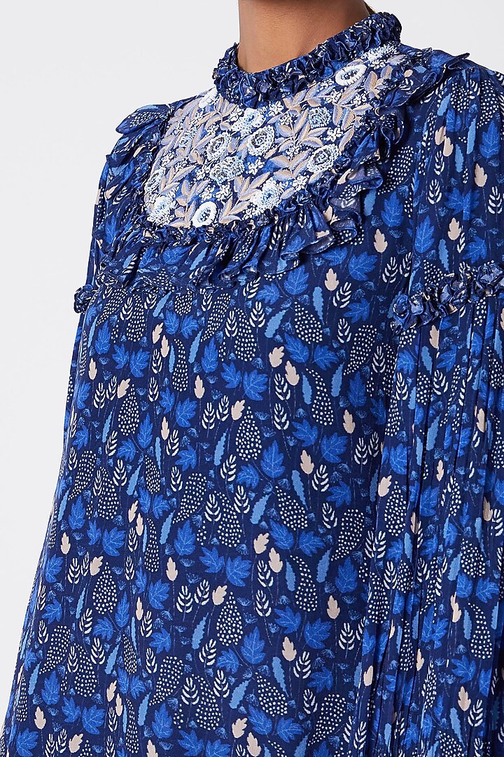 Navy Blue Embroidered & Printed Tunic With Flared Palazzo Pants by Pooja Sampat at Pernia's Pop Up Shop