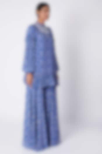 Cornflower Blue Embroidered & Printed Tunic With Palazzo Pants by Pooja Sampat