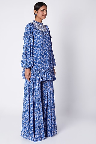 Cornflower Blue Embroidered & Printed Tunic With Palazzo Pants by Pooja Sampat