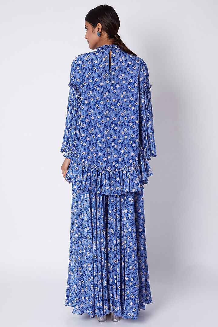 Cornflower Blue Embroidered & Printed Tunic With Palazzo Pants by Pooja Sampat at Pernia's Pop Up Shop
