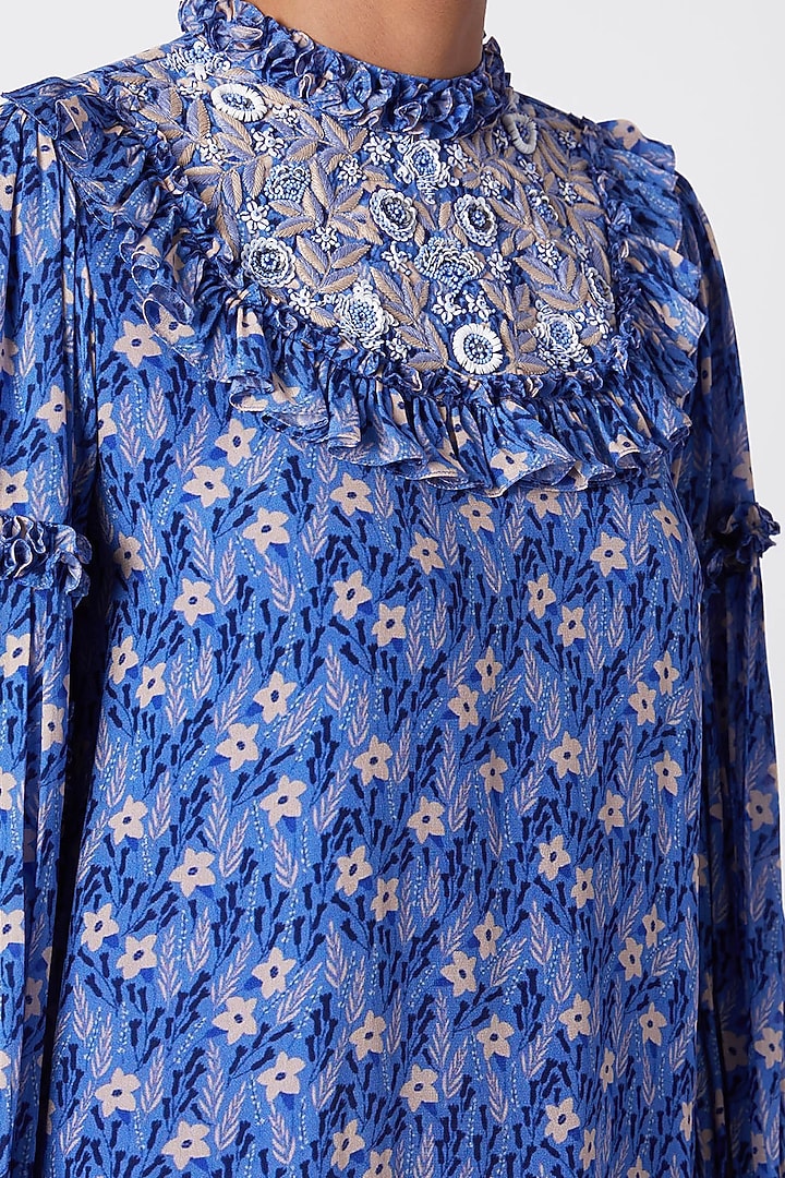 Cornflower Blue Embroidered & Printed Tunic With Palazzo Pants by Pooja Sampat at Pernia's Pop Up Shop