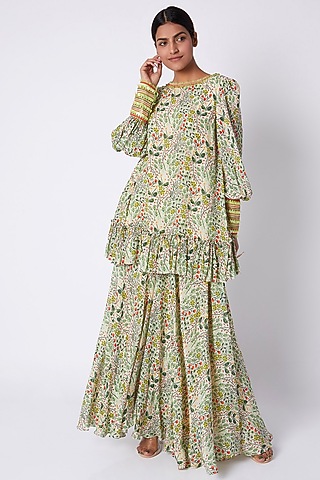 Multi Colored Embroidered & Printed Tunic With Flared Palazzo Pants by Pooja Sampat