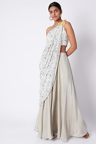 Ivory Embroidered & Printed Crop Top With Palazzo Pants by Pooja Sampat