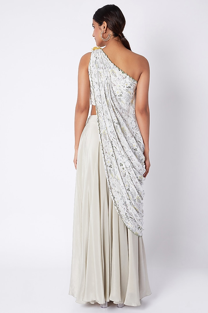 Ivory Embroidered & Printed Crop Top With Palazzo Pants by Pooja Sampat at Pernia's Pop Up Shop