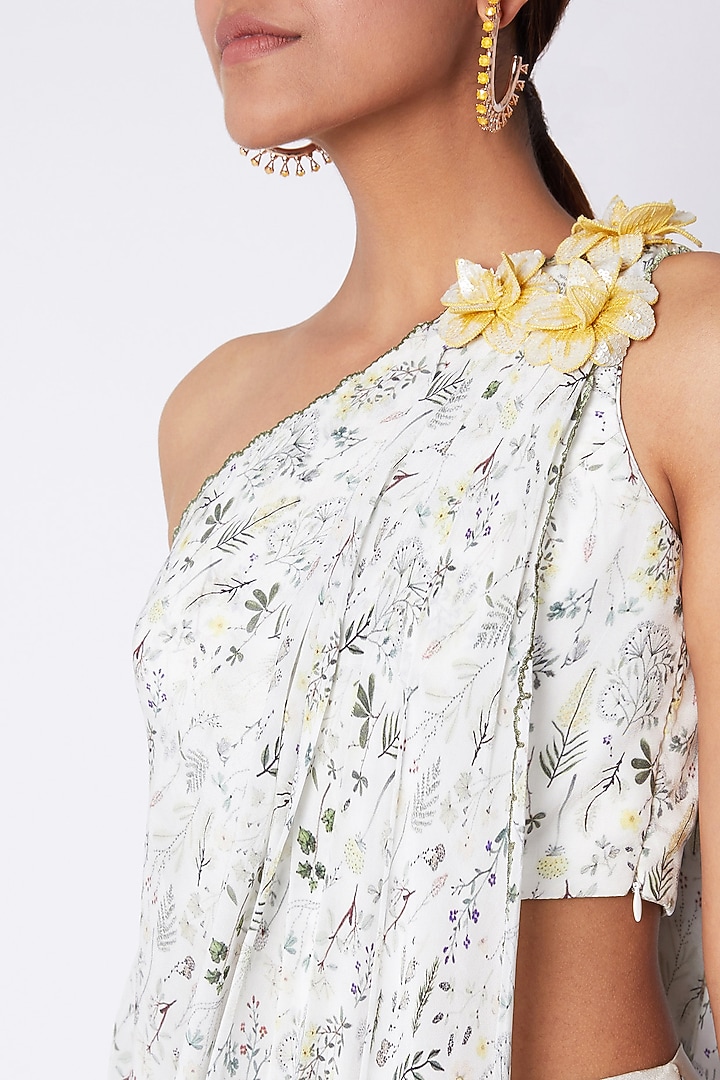 Ivory Embroidered & Printed Crop Top With Palazzo Pants by Pooja Sampat at Pernia's Pop Up Shop