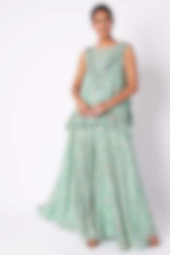 Sea Green Embroidered & Printed Tunic With Palazzo Pants by Pooja Sampat